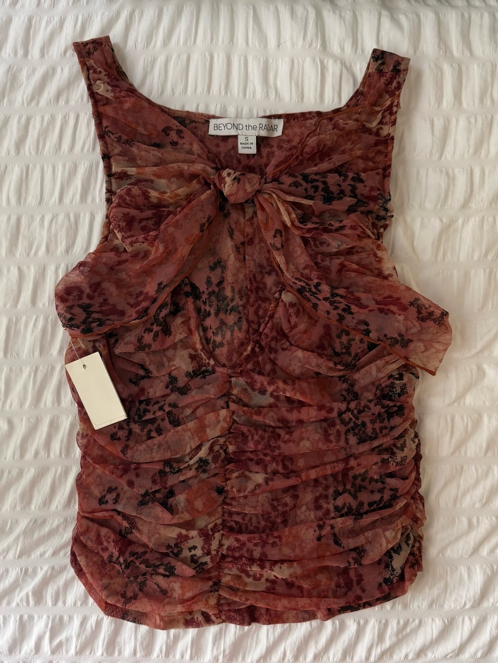 Beyond the Raanar Rust Floral Bow-Front Ruffled Tank